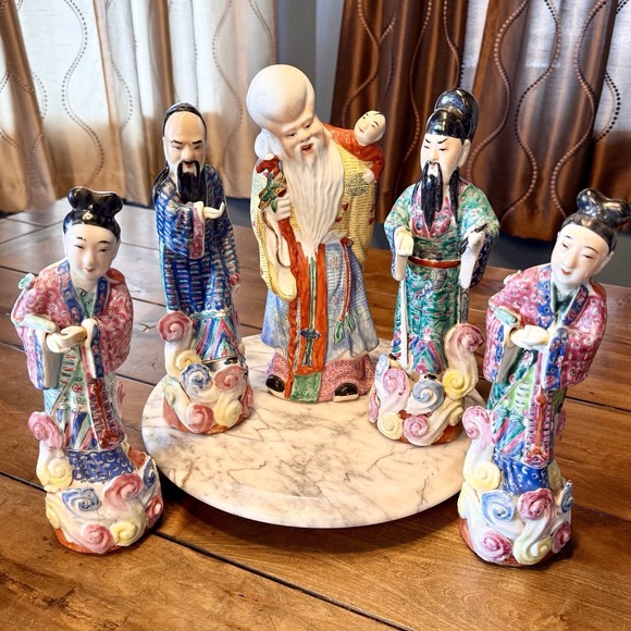 5pc VTG 3 Stars Famille Rose Hand Painted Chinese Porcelain Fu Lu Shou Sanxing